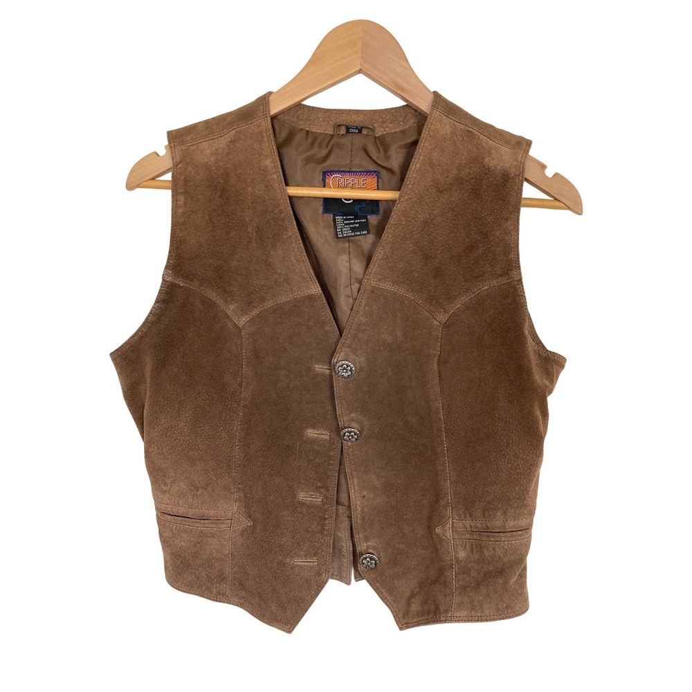 Cripple Creek Mens Brown Suede Leather Western Vest Cinch Back Floral Buttons M